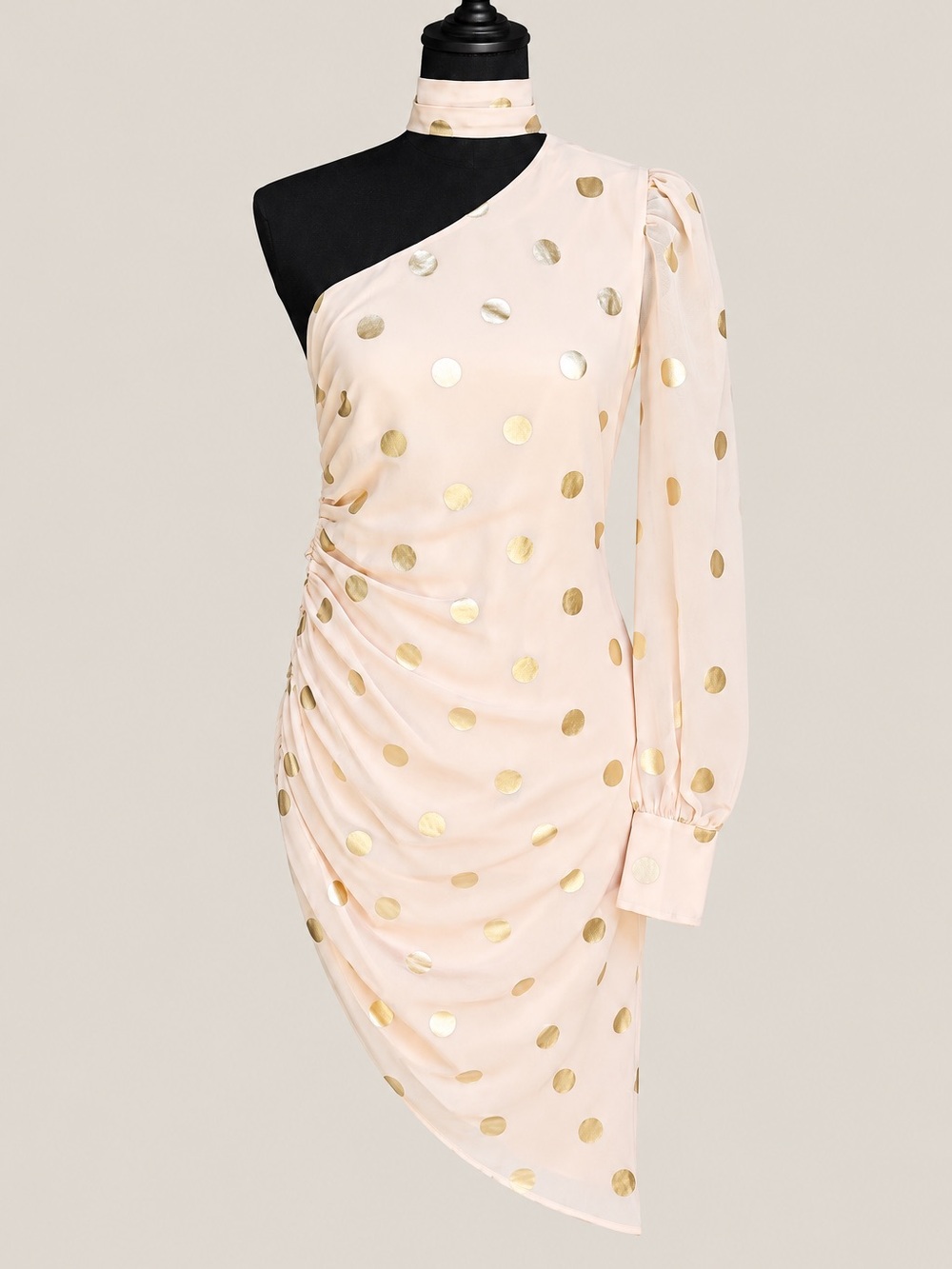 Camila Coelho One Shoulder Blush with Gold Polka Dot Ruched Midi Dress Small